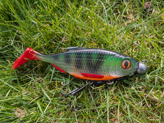 150mm(6inch) 63g handmade and hand painted perch, rigged with a 15g nose weight, stinger and size 1 vmc treble